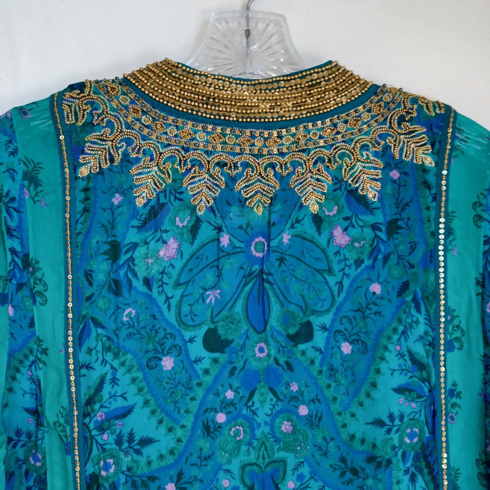 Soft Surroundings Teal Silk Blend Beaded Tunic Top Blue Paisley Boho Womens Sm - Picture 6 of 11